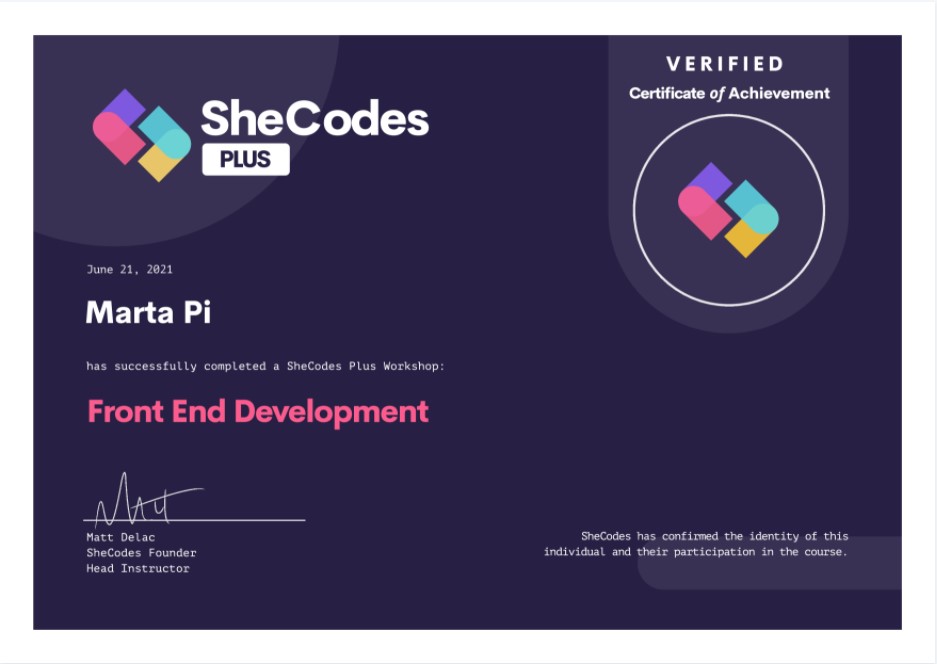 SheCodesCertificate Plus