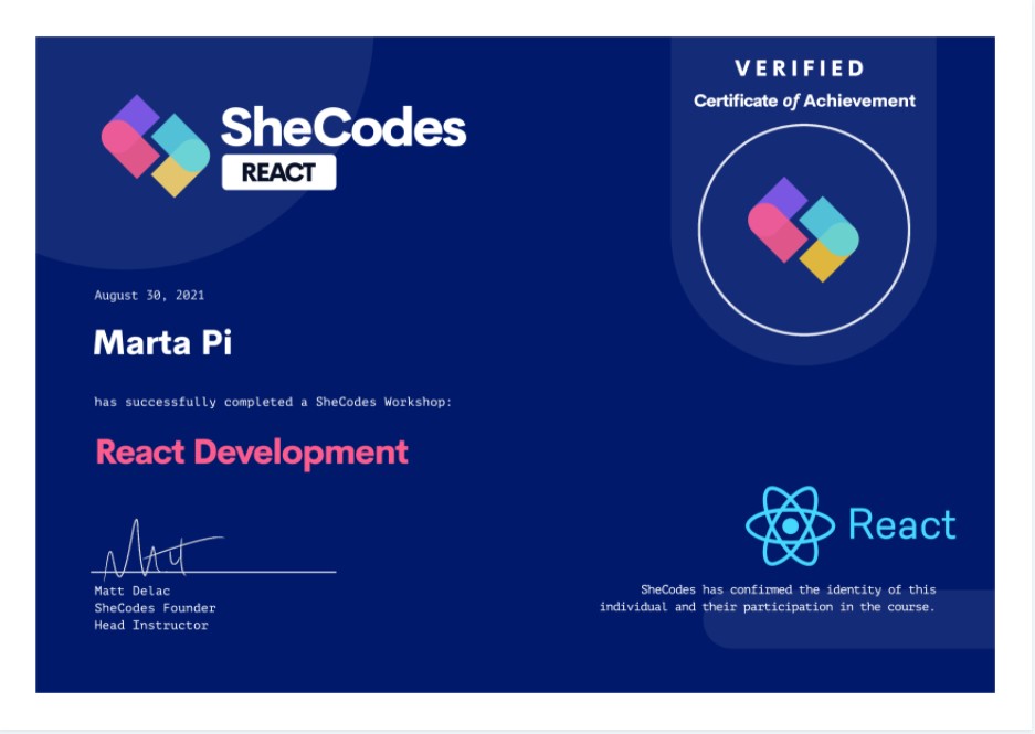 SheCodesCertificate React